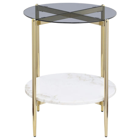 Jonelle Gold Round Glass Top End Table White Marble Shelf by Coaster at Eve Furniture