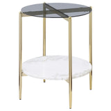 Jonelle Gold Round Glass Top End Table White Marble Shelf by Coaster at Eve Furniture