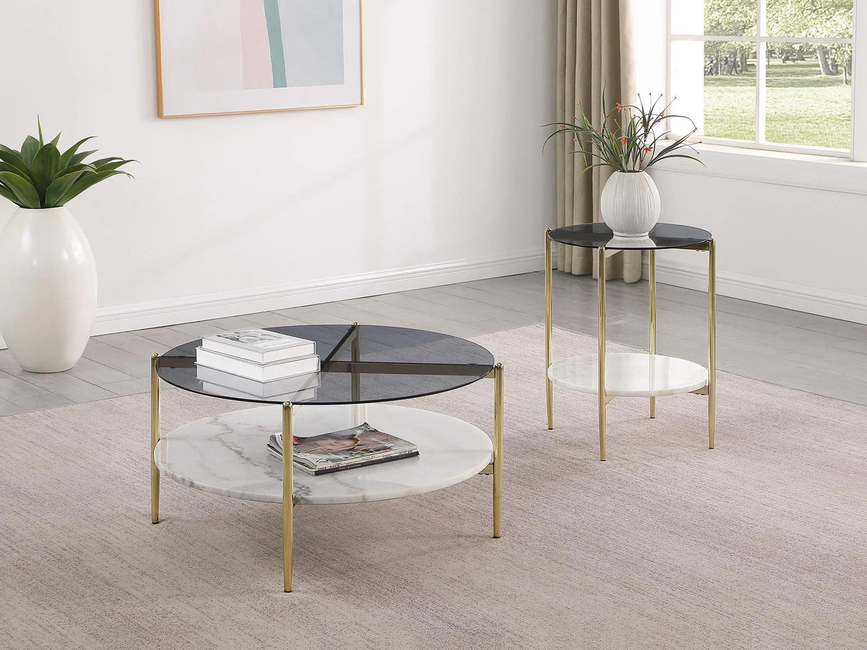 Jonelle Gold Round Glass Top End Table White Marble Shelf by Coaster at Eve Furniture