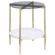 Jonelle Gold Round Glass Top End Table White Marble Shelf by Coaster at Eve Furniture