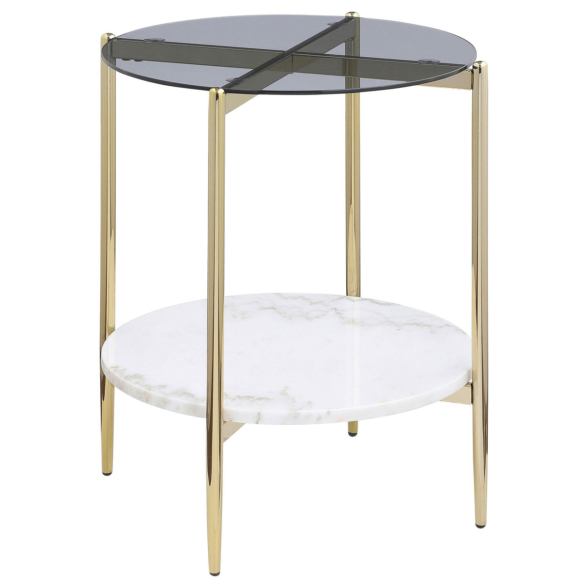 Jonelle Gold Round Glass Top End Table White Marble Shelf by Coaster at Eve Furniture