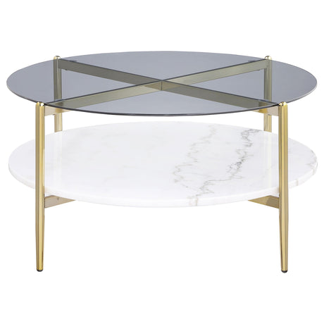 Jonelle Round Glass Top Coffee Table White Marble Shelf Gold by Coaster at Eve Furniture
