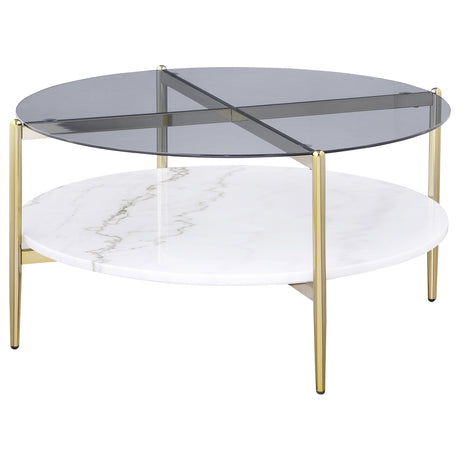 Jonelle Round Glass Top Coffee Table White Marble Shelf Gold by Coaster at Eve Furniture