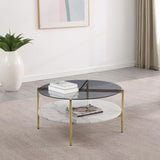 Jonelle Round Glass Top Coffee Table White Marble Shelf Gold by Coaster at Eve Furniture