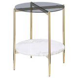 Jonelle Round Glass Top End Table White Marble Shelf Gold