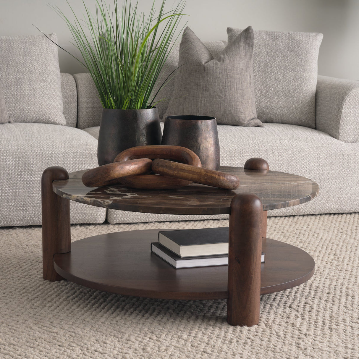 Jovia Brown Mango Wood W/ Cappuccino Marble Round Coffee Table by Mercana at Eve Furniture