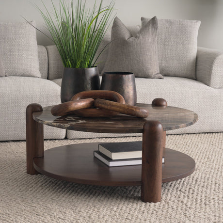 Jovia Brown Mango Wood W/ Cappuccino Marble Round Coffee Table by Mercana at Eve Furniture