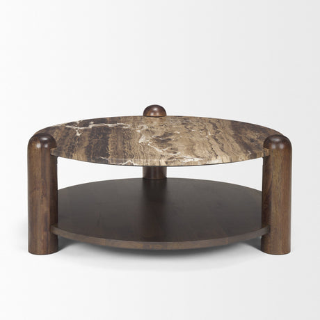 Jovia Brown Mango Wood W/ Cappuccino Marble Round Coffee Table by Mercana at Eve Furniture