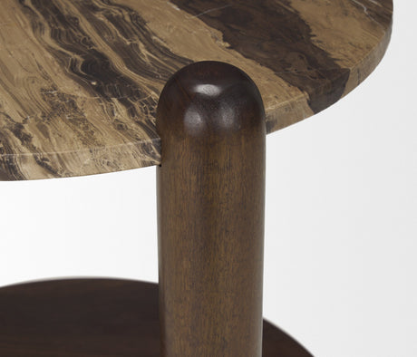 Jovia Brown Mango Wood W/ Cappuccino Marble Round Side Table by Mercana at Eve Furniture