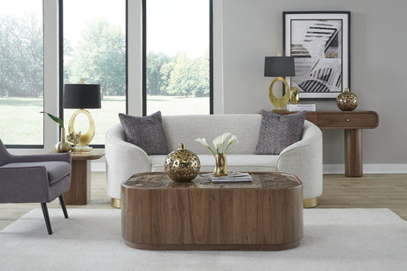 Juba Mongoose Natural Marble and Walnut Coffee Table with Casters by Modus Furniture at Eve Furniture