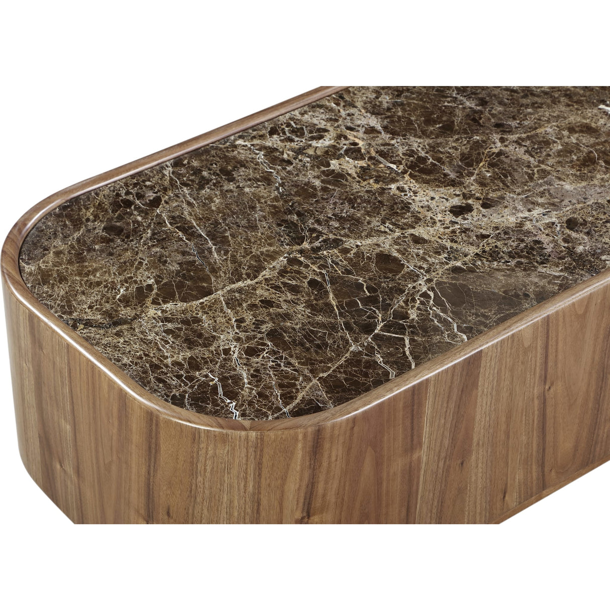 Juba Natural Marble and Walnut Coffee Table with Casters in Mongoose by Modus Furniture at Eve Furniture