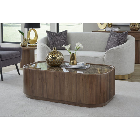 Juba Natural Marble and Walnut Coffee Table with Casters in Mongoose by Modus Furniture at Eve Furniture