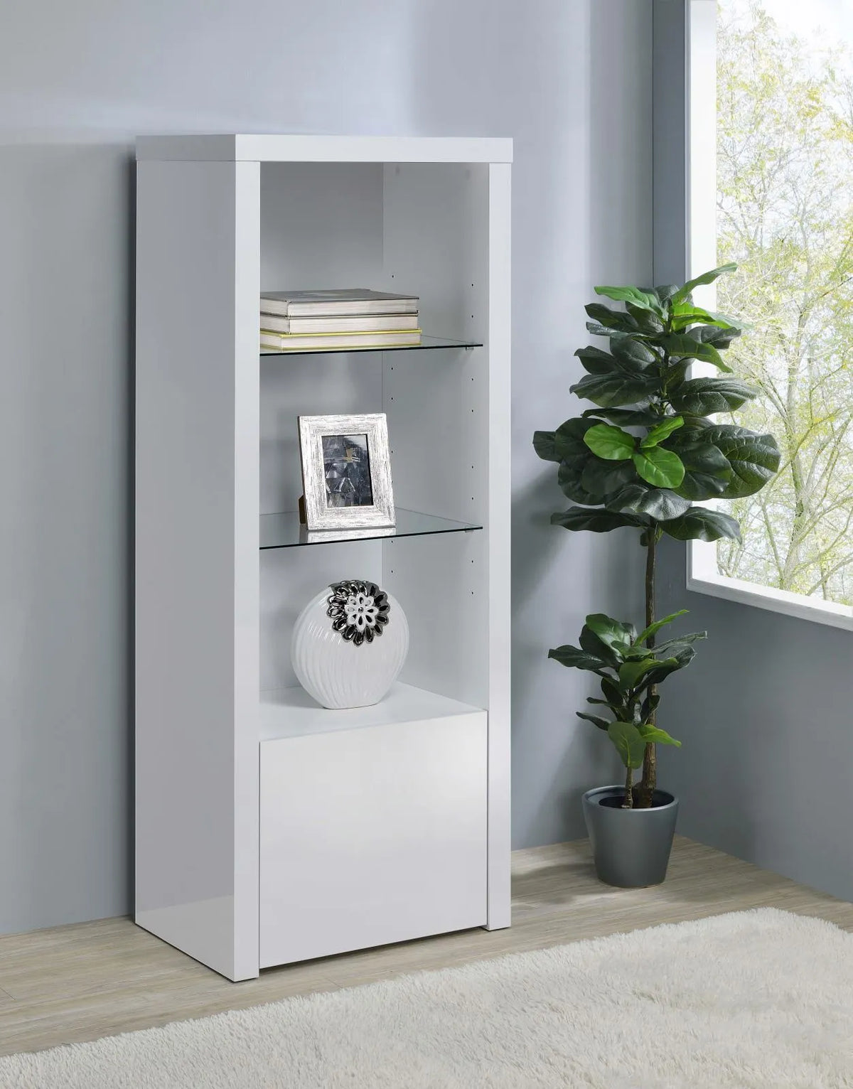 Jude White High Gloss 3-shelf Media Tower With Storage Cabinet by Coaster at Eve Furniture