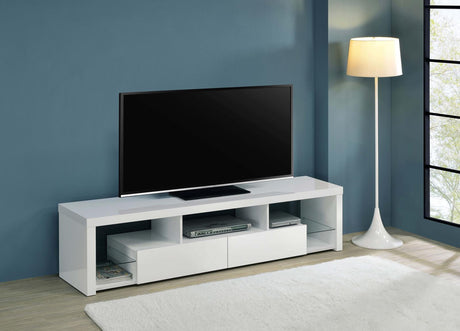 Jude White High Gloss 2-drawer 71" TV Stand With Shelving by Coaster at Eve Furniture