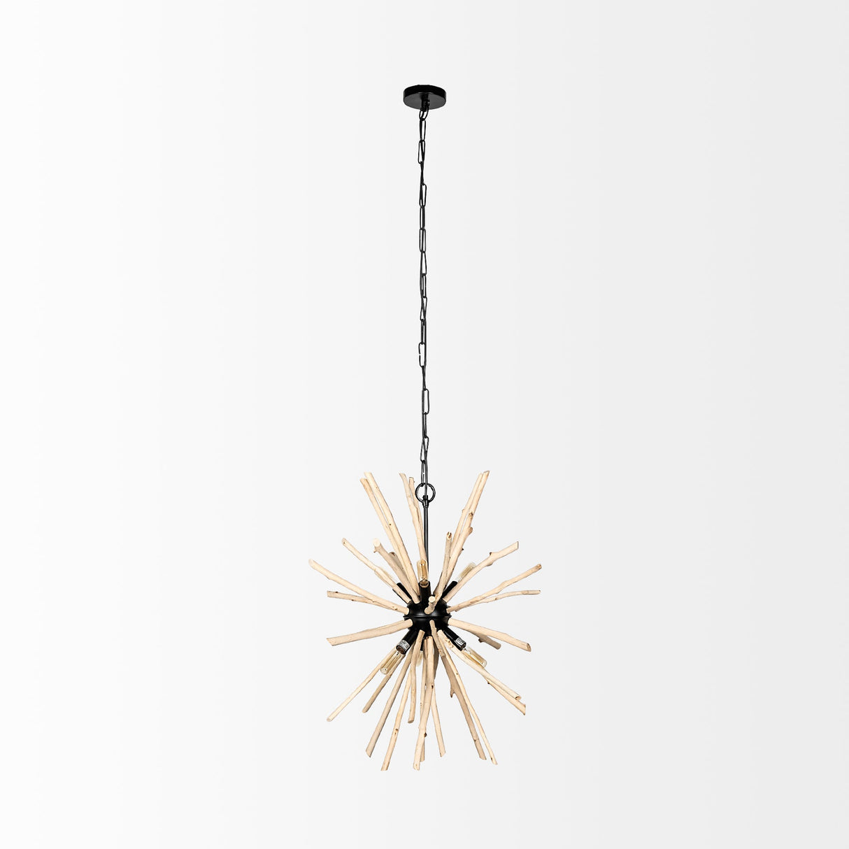 Jules Blonde Wood and Black Metal Six Bulb Chandelier Light by Mercana at Eve Furniture