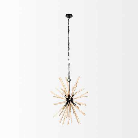 Jules Blonde Wood and Black Metal Six Bulb Chandelier Light by Mercana at Eve Furniture