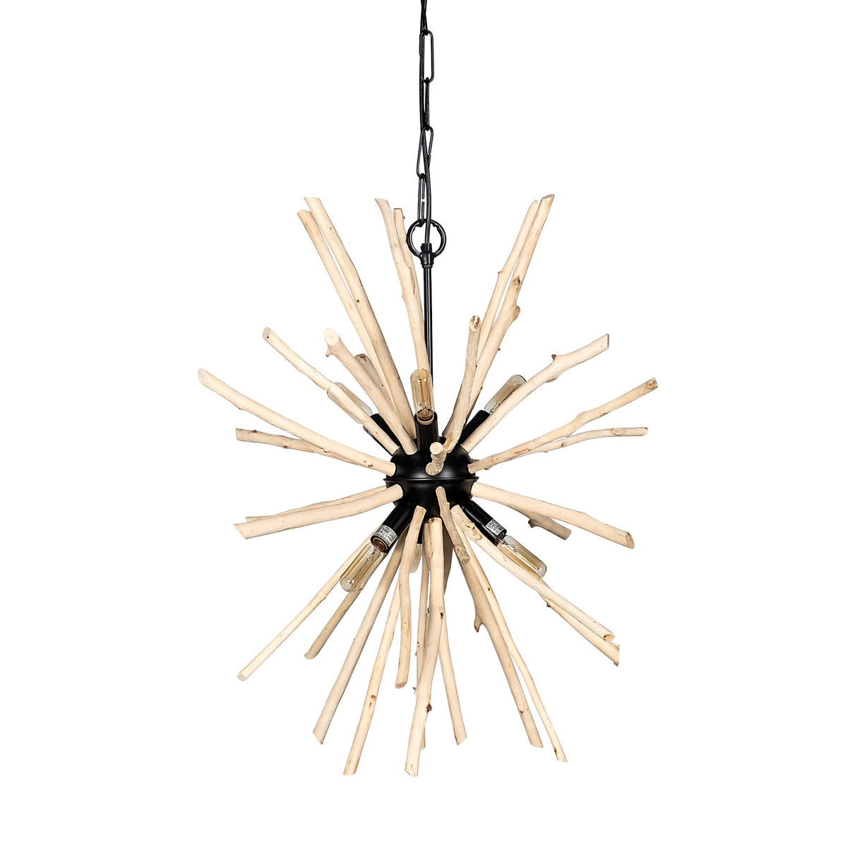 Jules Blonde Wood and Black Metal Six Bulb Chandelier Light by Mercana at Eve Furniture