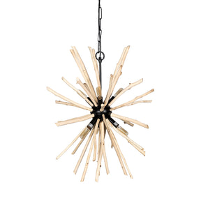 Jules Blonde Wood and Black Metal Six Bulb Chandelier Light by Mercana at Eve Furniture