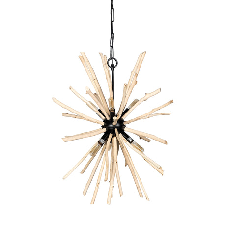 Jules Blonde Wood and Black Metal Six Bulb Chandelier Light by Mercana at Eve Furniture