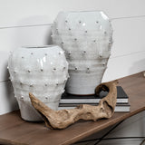 Julian Small Glossy White Ceramic Spoked Vase by Mercana at Eve Furniture