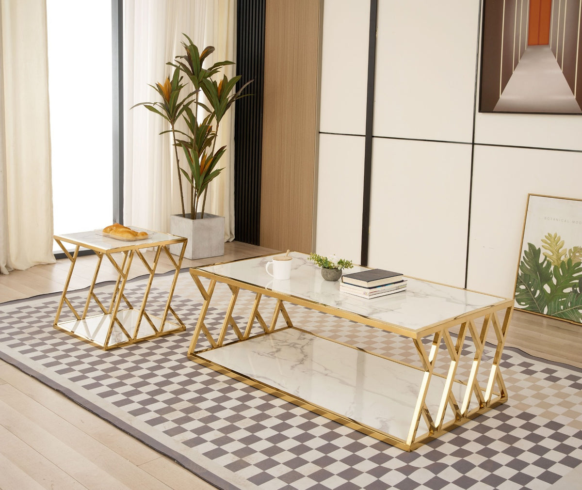 Julie Off White Marble Table Set with Metal Base