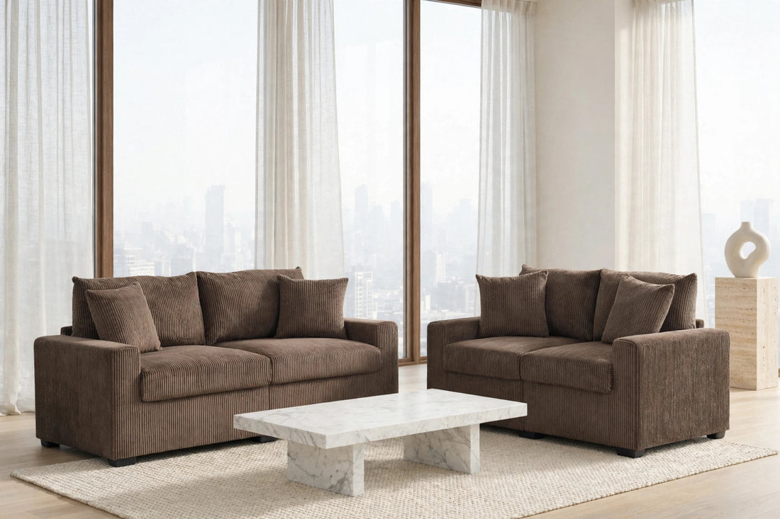 Julio Chocolate Sofa and Loveseat by Happy Homes at Eve Furniture