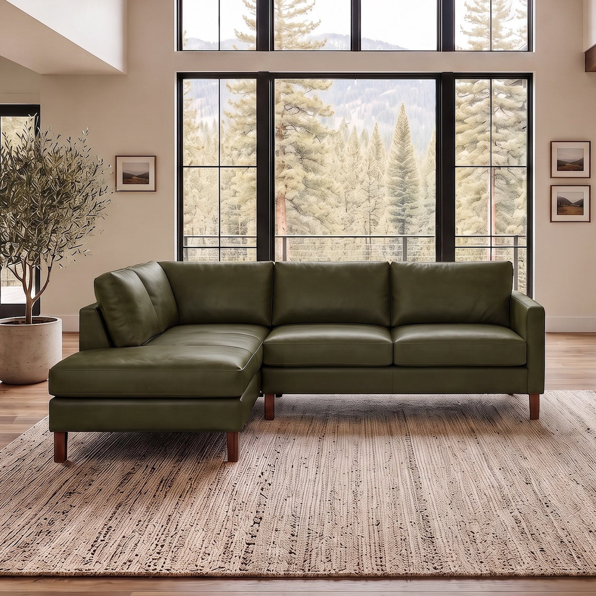Juno Green Leather Left-Facing Sectional Sofa