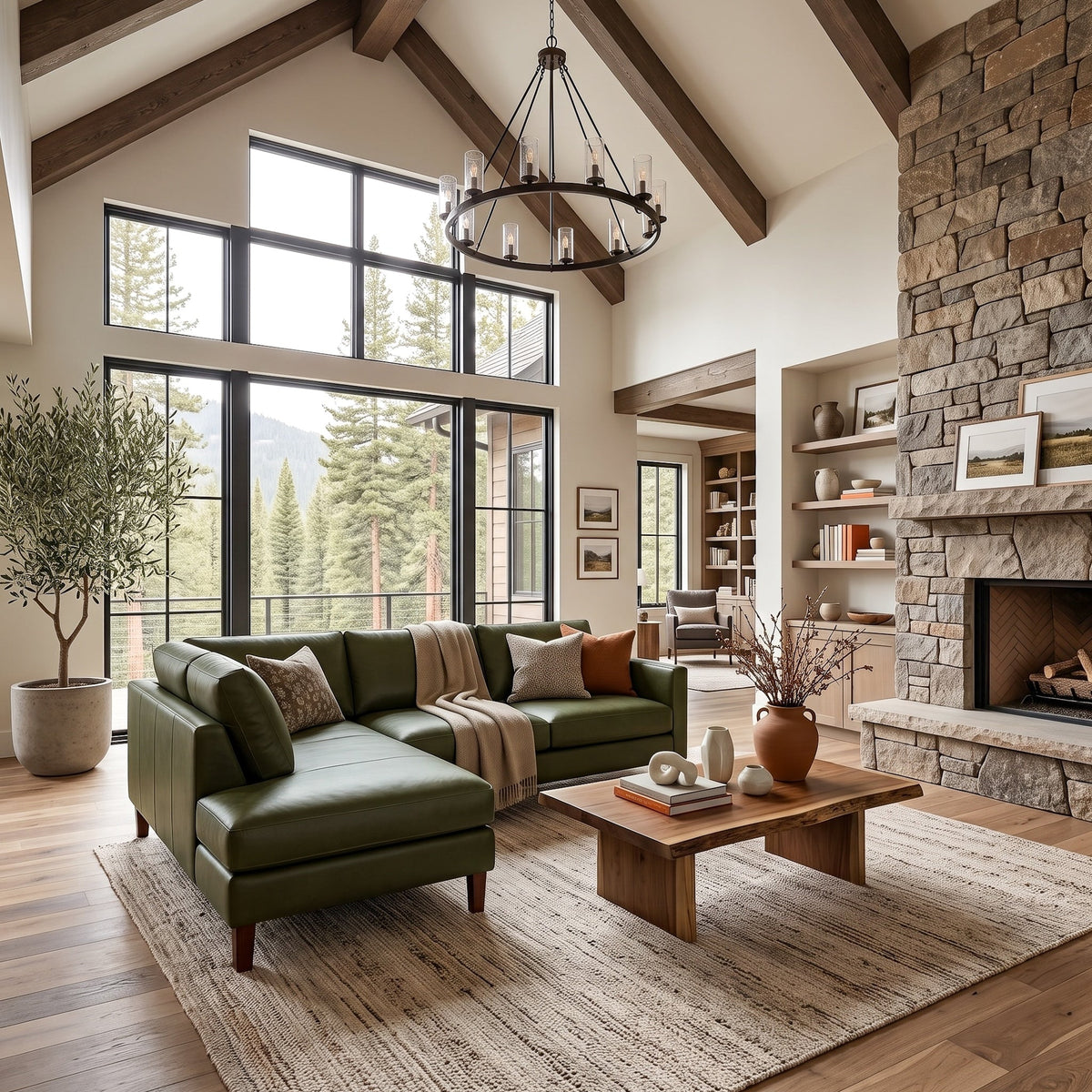 Juno Green Leather Left-Facing Sectional Sofa