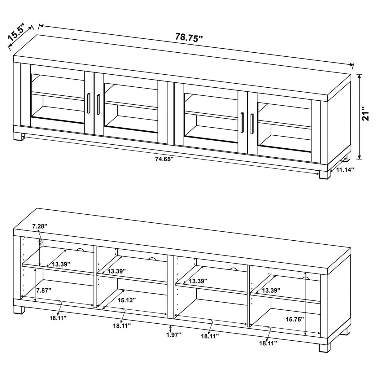 Jupiter 4-door 79" TV Stand Media Console with Framed Glass Panels Black