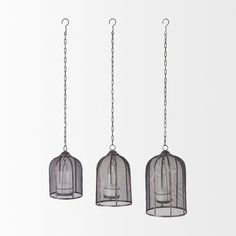 Jutland Set of Three Black Metal Bird Cage Candle Holder Lanterns by Mercana at Eve Furniture