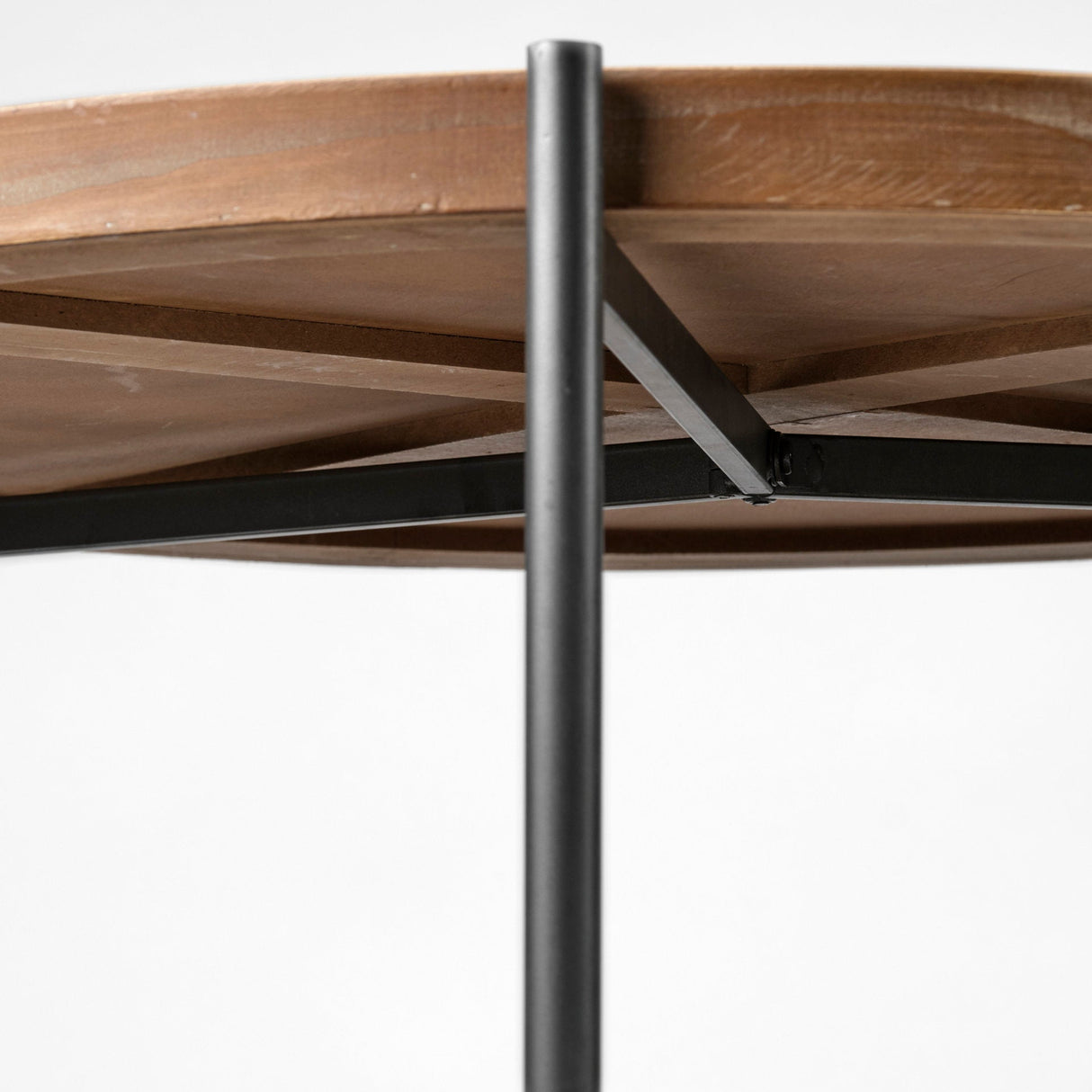 Kade 33" Round Brown Table Gray Metal Frame Two-Tier Coffee Table by Mercana at Eve Furniture