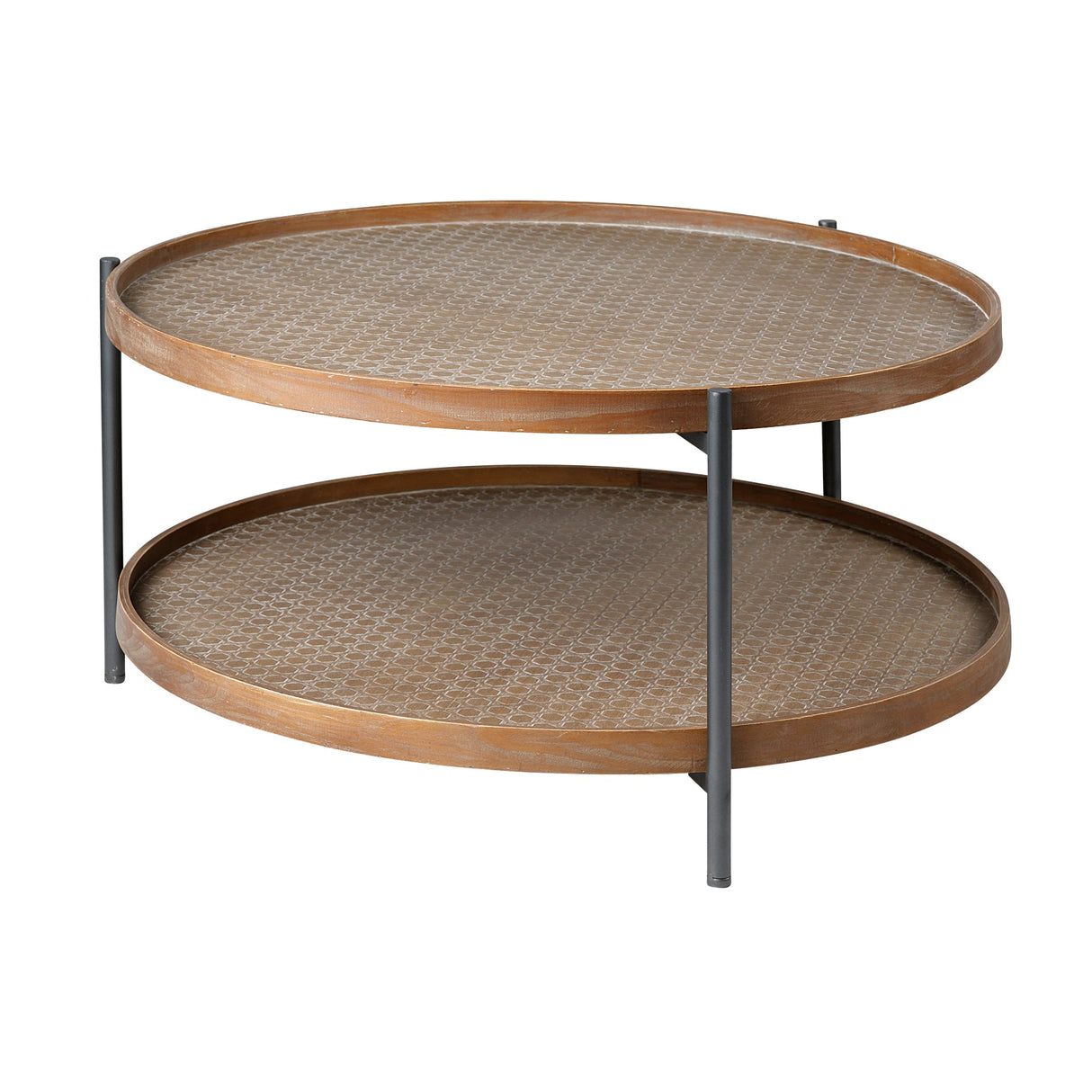 Kade 33" Round Brown Table Gray Metal Frame Two-Tier Coffee Table by Mercana at Eve Furniture