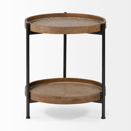 Kade III Round Top Natural Brown Wood and Gray Metal Frame Tray-Style End/Side Table by Mercana at Eve Furniture