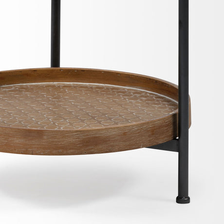 Kade III Round Top Natural Brown Wood and Gray Metal Frame Tray-Style End/Side Table by Mercana at Eve Furniture