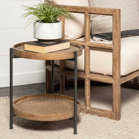 Kade III Round Top Natural Brown Wood and Gray Metal Frame Tray-Style End/Side Table by Mercana at Eve Furniture