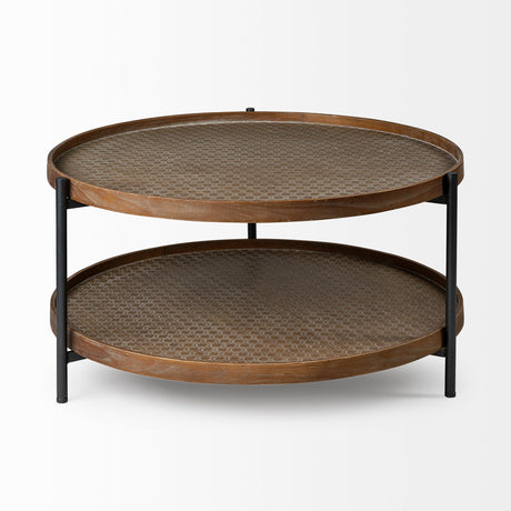 Kade Round Brown Table Gray Metal Frame Two-Tier Coffee Table by Mercana at Eve Furniture