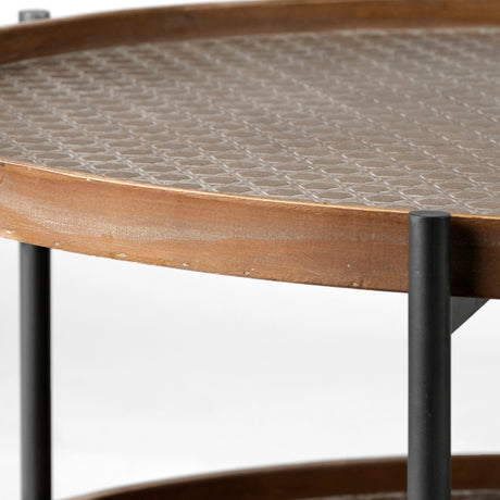 Kade Round Brown Table Gray Metal Frame Two-Tier Coffee Table by Mercana at Eve Furniture