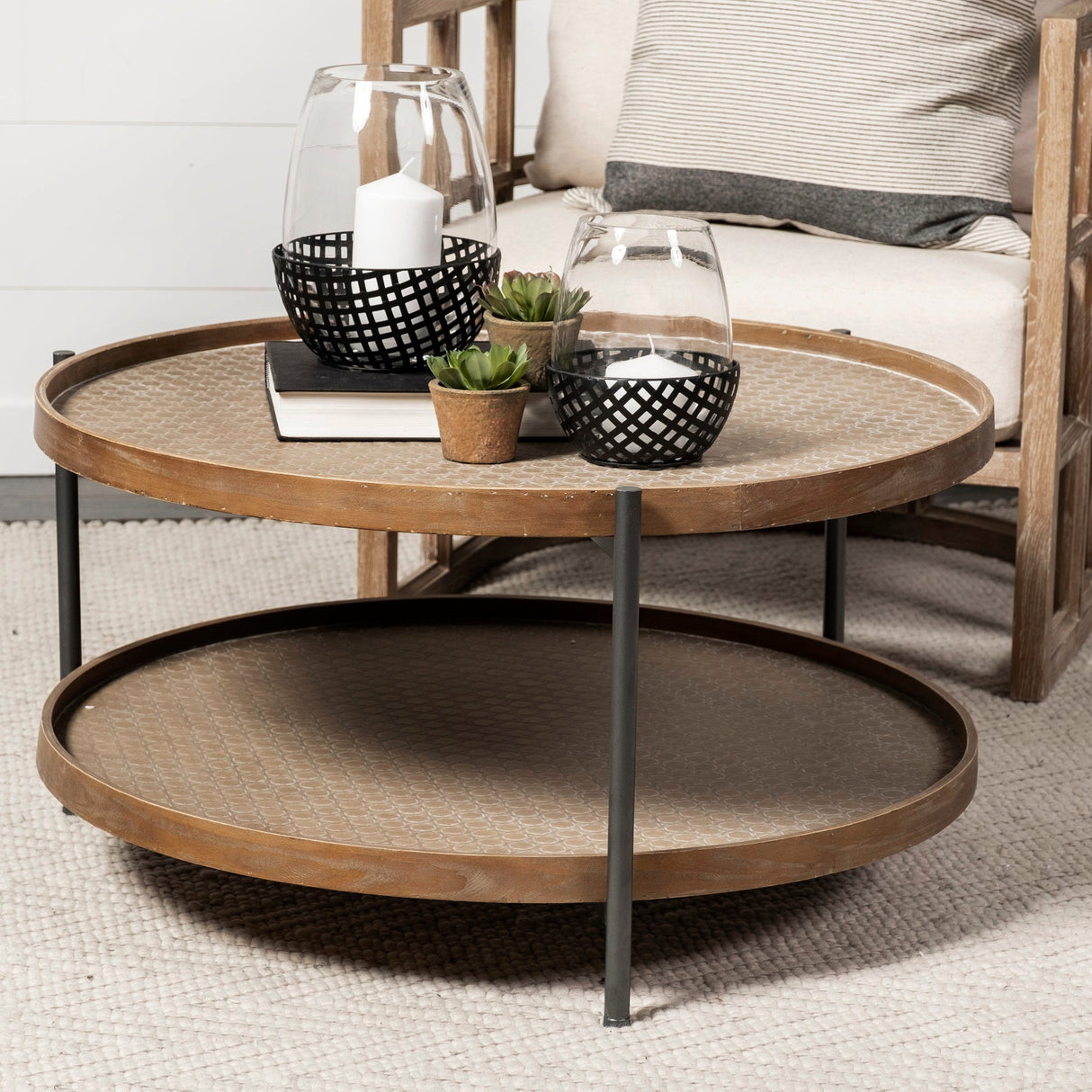 Kade Round Brown Table Gray Metal Frame Two-Tier Coffee Table by Mercana at Eve Furniture