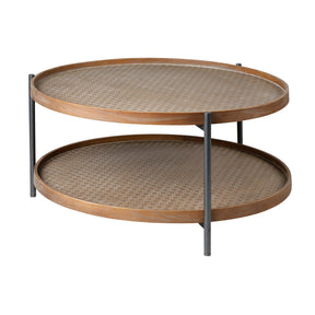 Kade Round Brown Table Gray Metal Frame Two-Tier Coffee Table by Mercana at Eve Furniture
