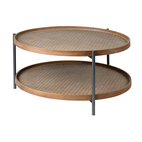 Kade Round Brown Table Gray Metal Frame Two-Tier Coffee Table by Mercana at Eve Furniture