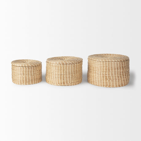 Kailini Set of 3 Nesting Seagrass & Palm Leaf Boxes with Lids by Mercana at Eve Furniture