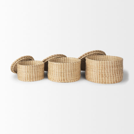 Kailini Set of 3 Nesting Seagrass & Palm Leaf Boxes with Lids by Mercana at Eve Furniture