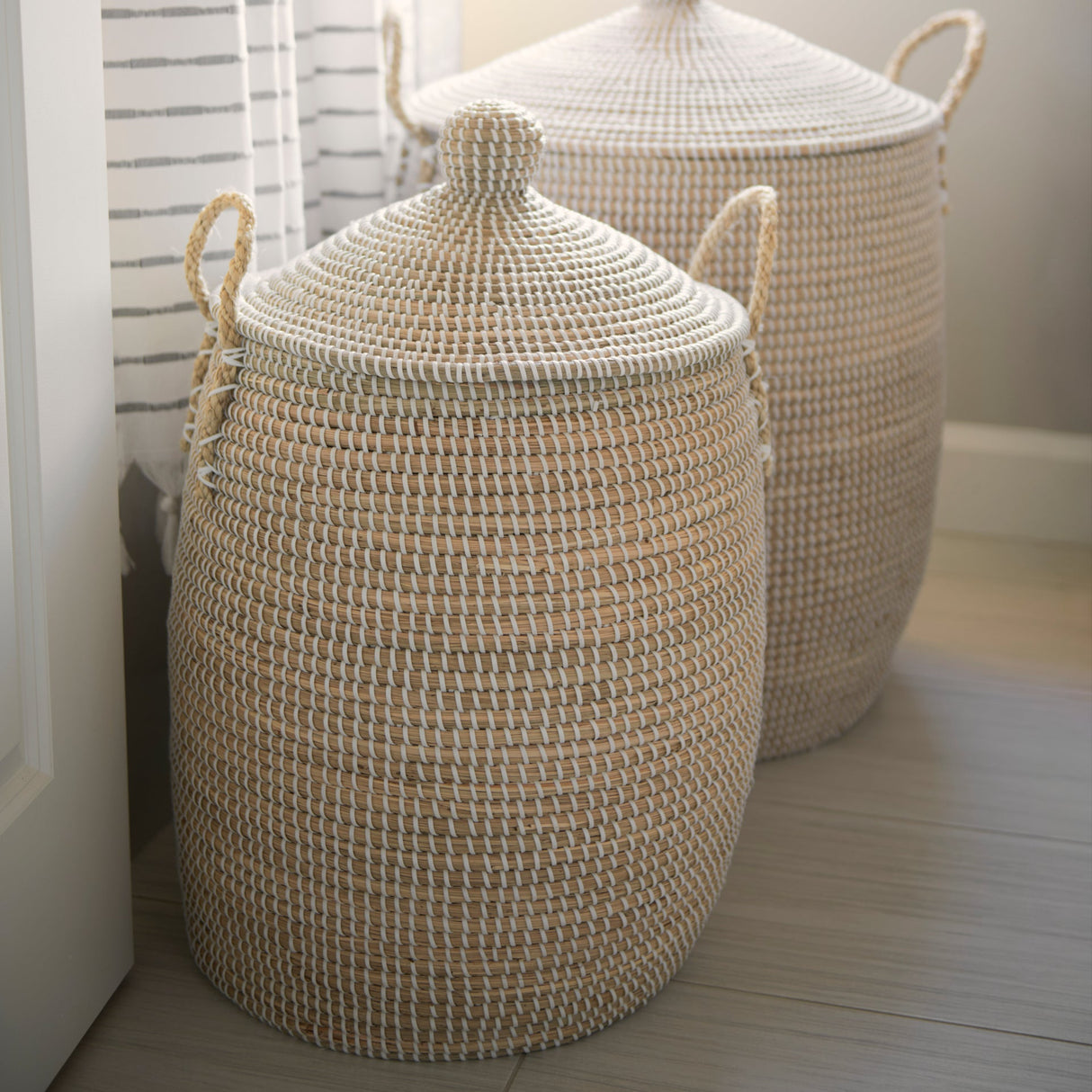 Kairi Set of 2 Seagrass Floor Baskets w/ Lids and Handles by Mercana at Eve Furniture