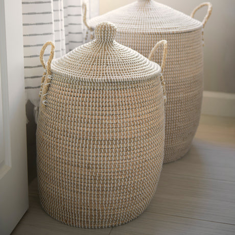 Kairi Set of 2 Seagrass Floor Baskets w/ Lids and Handles by Mercana at Eve Furniture