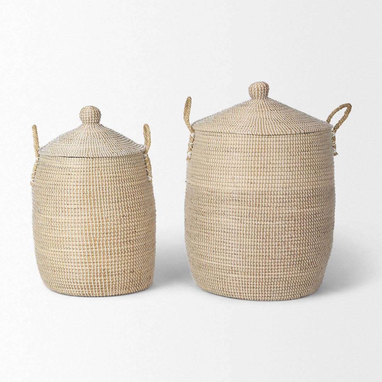 Kairi Set of 2 Seagrass Floor Baskets w/ Lids and Handles by Mercana at Eve Furniture