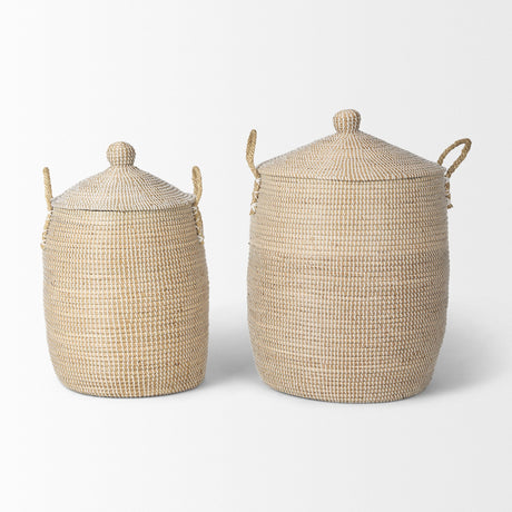 Kairi Set of 2 Seagrass Floor Baskets w/ Lids and Handles by Mercana at Eve Furniture
