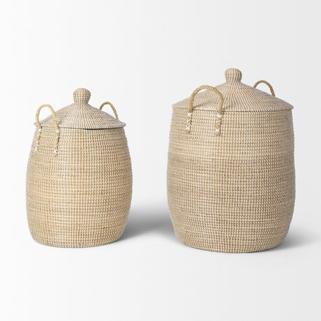 Kairi Set of 2 Seagrass Floor Baskets w/ Lids and Handles by Mercana at Eve Furniture