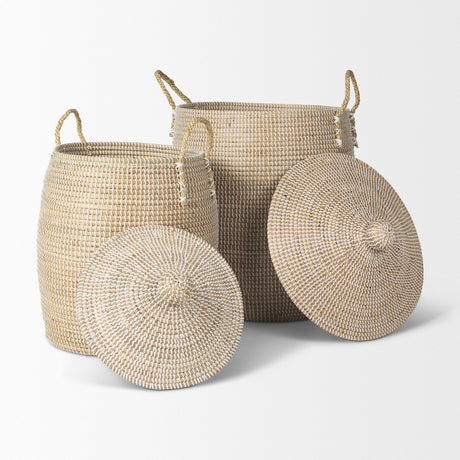 Kairi Set of 2 Seagrass Floor Baskets w/ Lids and Handles by Mercana at Eve Furniture