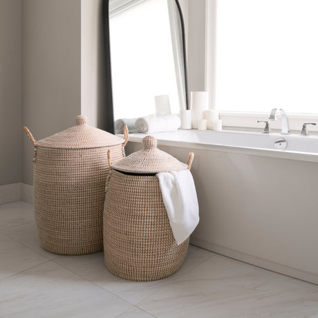 Kairi Set of 2 Seagrass Floor Baskets w/ Lids and Handles by Mercana at Eve Furniture