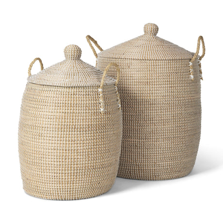 Kairi Set of 2 Seagrass Floor Baskets w/ Lids and Handles by Mercana at Eve Furniture